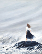 A painting of a woman standing on a rock in facing the ocean under grey skies