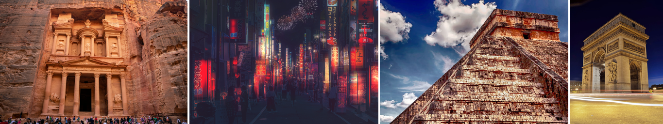 Images of four sites: Petra in Jordan, Teotihuacán in Mexico, Tokyo at night, and the Arc de Triomphe in paris