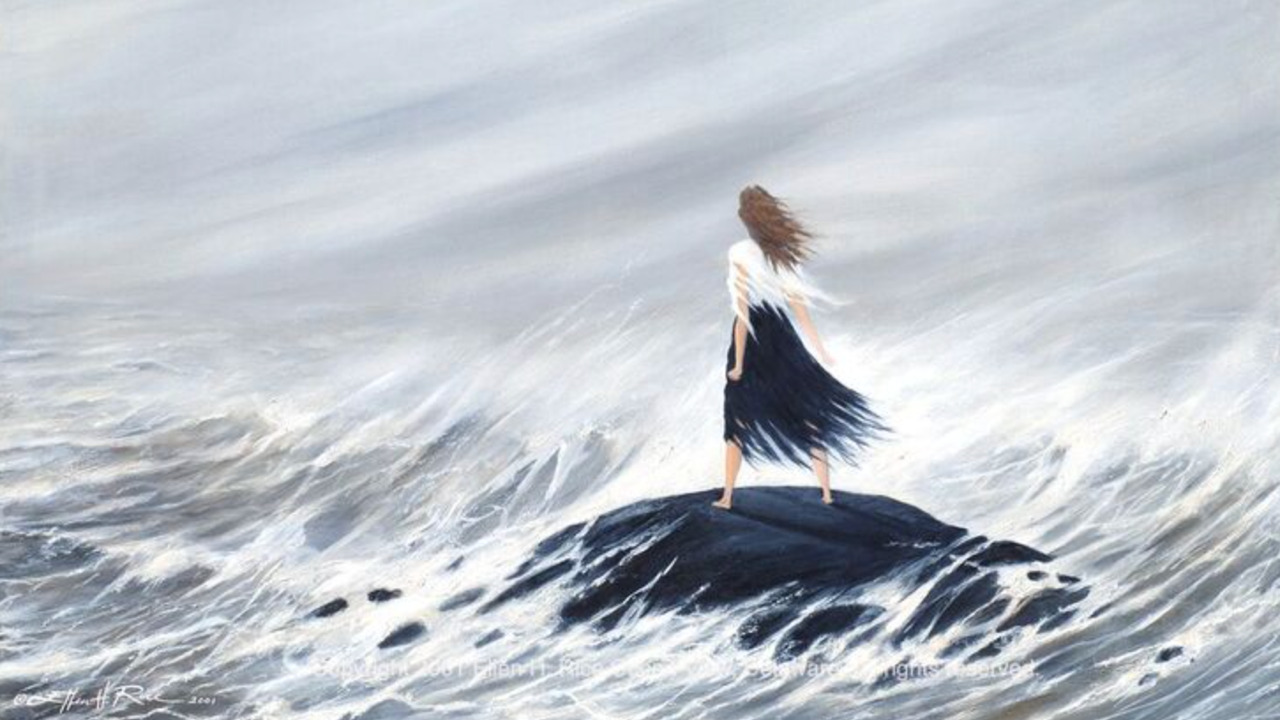a painting of a woman standing on a rock facing the ocean.