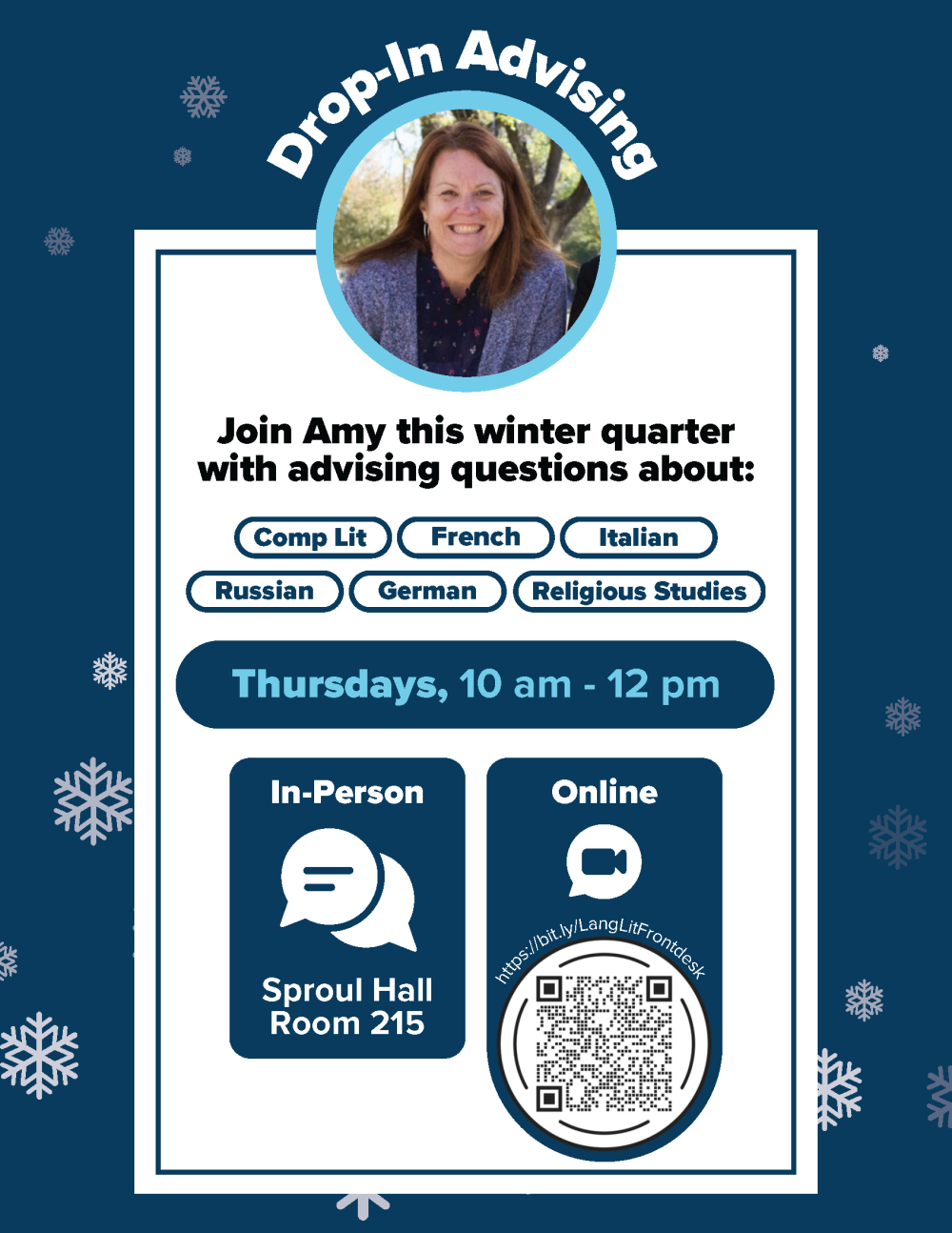 A flyer for advising, with a photo of Amy and details written out above.