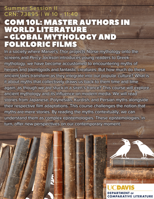 A flyer for COM 10L, with books and images of ravens and hiding wolf.
