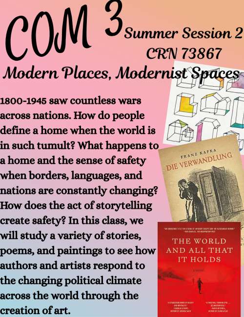 A flyer for COM 003, with a description of the course and book covers.