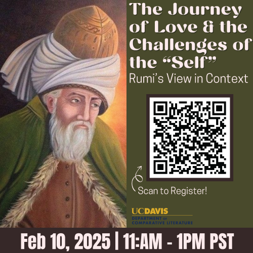 A graphic advertising the upcoming Event, with a portrait of the poet Rumi, and a QR Code. The QR's link, and the text, is written out above.