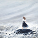 A painting of a woman standing on a rock in facing the ocean under grey skies
