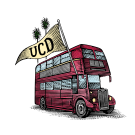 An illustration of a doulbe decker bus waving a UCD pennant.