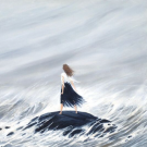 a painting of a woman standing on a rock facing the ocean.